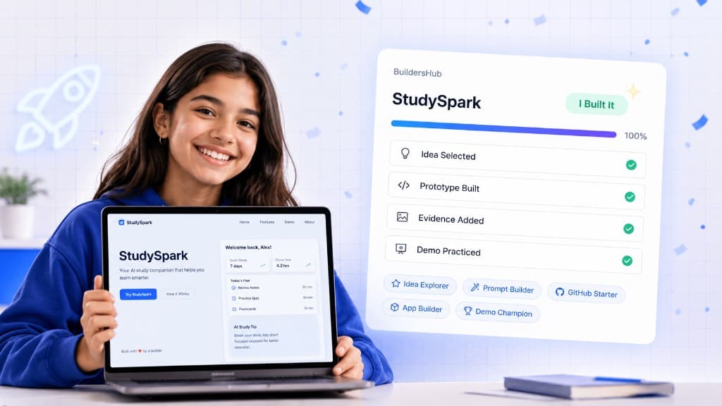 A young builder smiling while showing StudySpark, her finished AI study companion project with an I Built It badge.